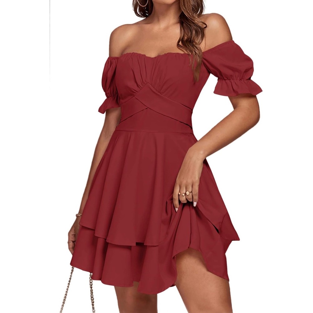 Romantic Burgundy Puff Sleeve Tiered Mini Dress Wine Red Size S NWOT